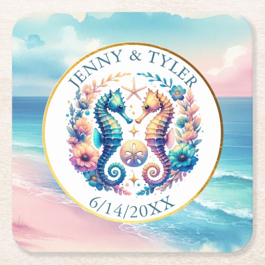 Roze, Blauw en Gouden Kustzeepaardje Beachy Kartonnen Onderzetters (Voorkant)