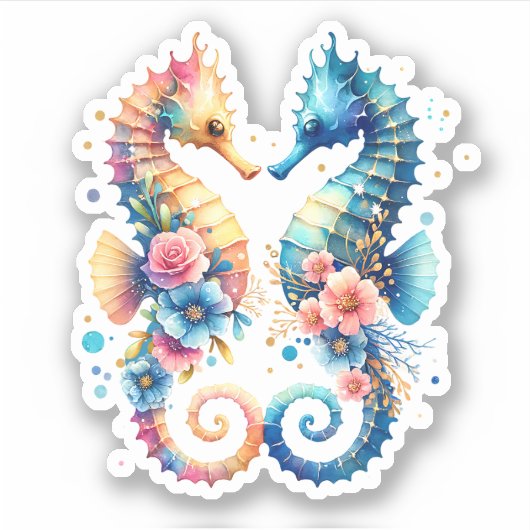 Roze, Blauw en Gouden Kustzeepaardje Beachy Sticker (Voorkant)