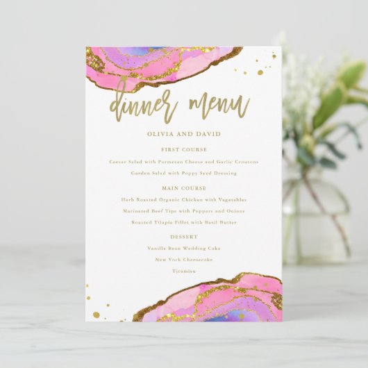 Roze blauw en goudgeode | Weddenschap Menu (Staand voorkant)