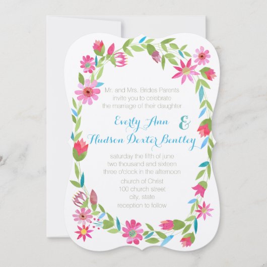 Roze Blauw en Groen Wreath Forest Wedding Invite Kaart (Voorkant)