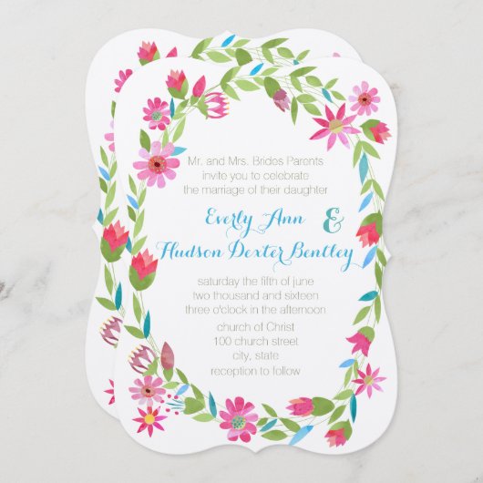 Roze Blauw en Groen Wreath Forest Wedding Invite Kaart (Voorkant / Achterkant)
