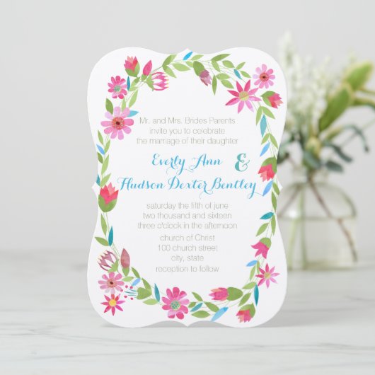 Roze Blauw en Groen Wreath Forest Wedding Invite Kaart (Staand voorkant)