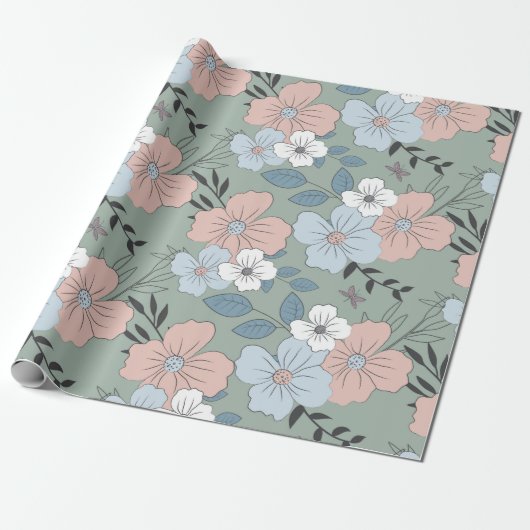  Roze, Blauw, en Groene Floral Patroon Cadeaupapier (Uitgerold)