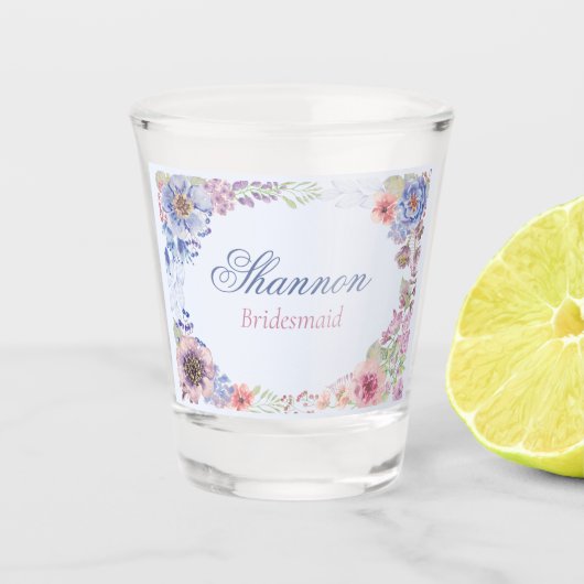 Roze Blauw en Paarse Bloemen Bruidsmeisje Shot Gla Shot Glas (Voorkant)