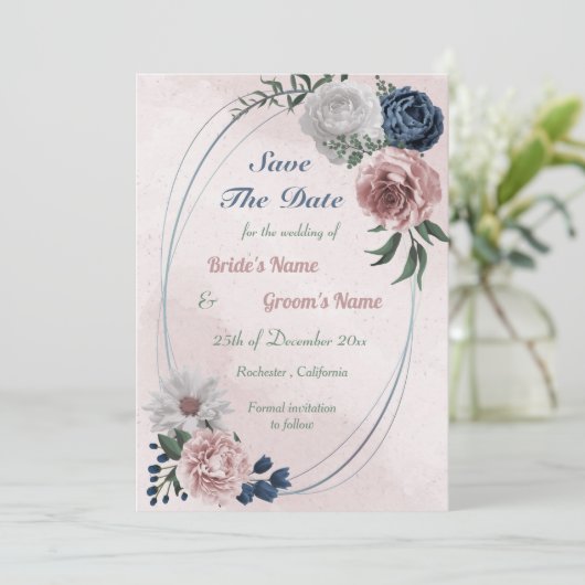 roze blauw en wit bloemgeometrisch save the date (Staand voorkant)