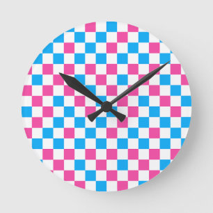 Roze Blauw En Wit Geruit Patroon Ronde Klok