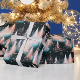 Roze Blauw en Wit Gouden Bomen Moderne Kerst Cadeaupapier