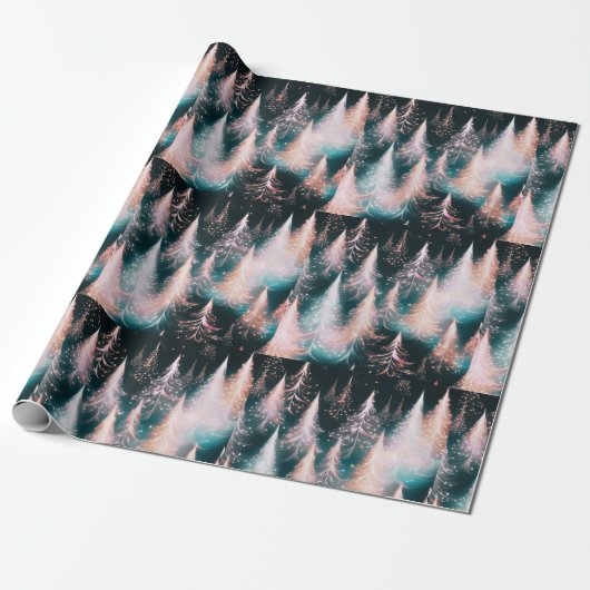 Roze Blauw en Wit Gouden Bomen Moderne Kerst Cadeaupapier (Uitgerold)