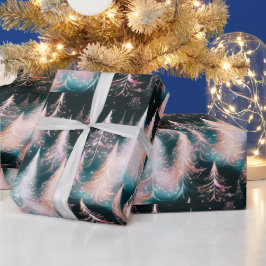 Roze Blauw en Wit Gouden Bomen Moderne Kerst Cadeaupapier