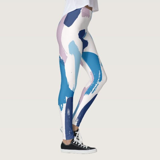 Roze blauw en wit penseelstreken patroon leggings (Rechts)