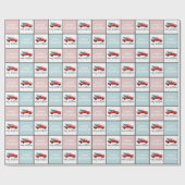 Roze, Blauw en wit Vrolijke Kerstwagen Cadeaupapier (Vlak)