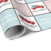 Roze, Blauw en wit Vrolijke Kerstwagen Cadeaupapier (Rol Hoek)