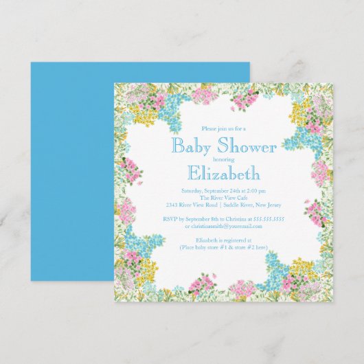  Roze Blauw Floral Neutraal baby shower Kaart (Voorkant / Achterkant)