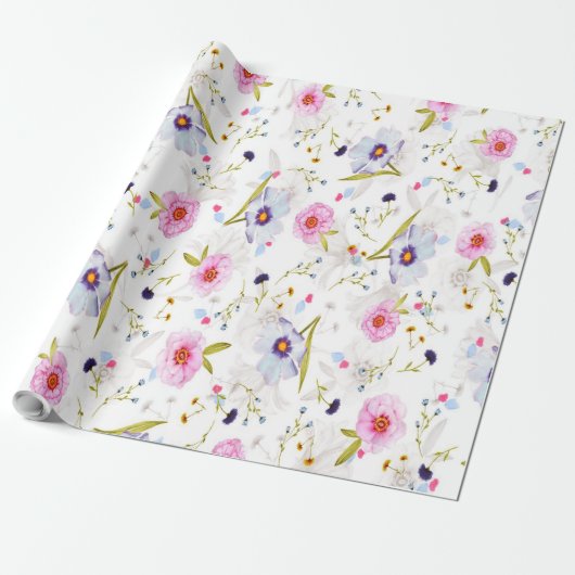 Roze, Blauw Floral Patroon Cadeaupapier (Uitgerold)