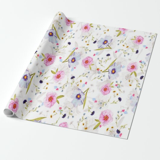 Roze, Blauw Floral Patroon Cadeaupapier (Uitgerold)