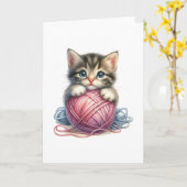 Roze Blauw Garen & Bright-Eyed Kitten Blank Groet Kaart (Gele Bloem)