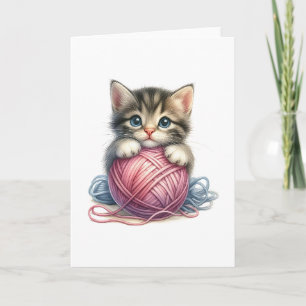 Roze Blauw Garen & Bright-Eyed Kitten Blank Groet Kaart
