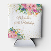 Roze Blauw Geel Bloemen 40e Verjaardag Blikjeskoeler (Voorkant)