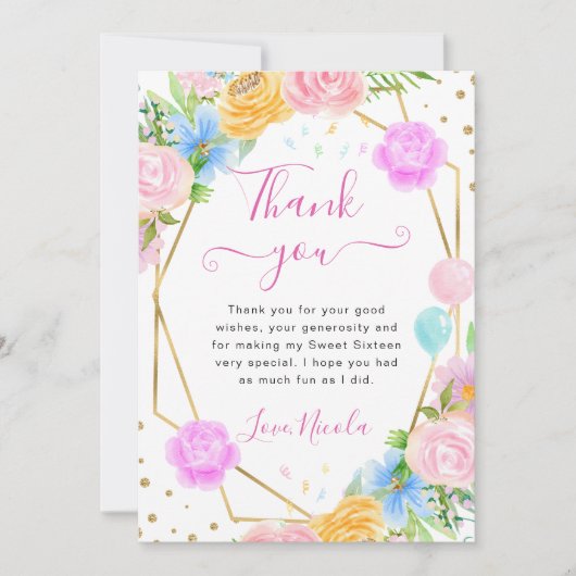 Roze Blauw Geel Bloemen Goud Lijst Sweet 16 Bedankkaart (Voorkant)