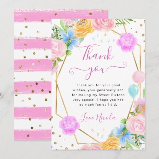 Roze Blauw Geel Bloemen Goud Lijst Sweet 16 Bedankkaart (Voorkant / Achterkant)