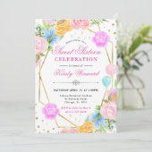 Roze Blauw Geel Bloemen Goud Lijst Sweet 16 Kaart (Staand voorkant)