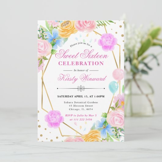 Roze Blauw Geel Bloemen Goud Lijst Sweet 16 Kaart (Staand voorkant)
