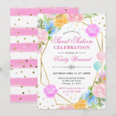 Roze Blauw Geel Bloemen Goud Lijst Sweet 16 Kaart (Voorkant / Achterkant)