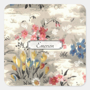  Roze Blauw Geel Bloemen Mid Century Design Vierkante Sticker