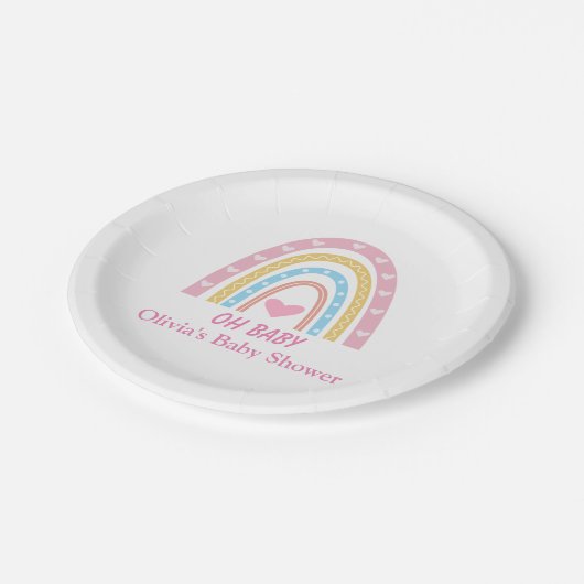 Roze Blauw Geel Boho Regenboog Oh Baby shower Papieren Bordje (Gekanteld)