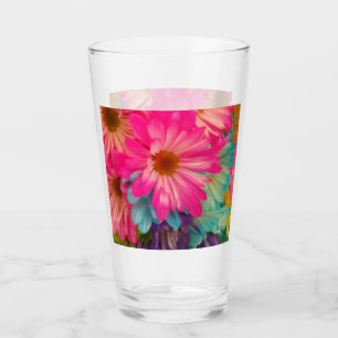Roze Blauw & Geel Daisies Glas