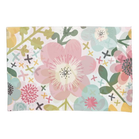 Roze Blauw Geel Modern Bloemmotief Kussensloop (Voorkant)