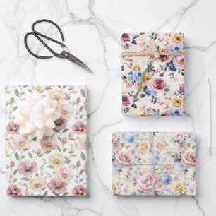 Roze Blauw Geel Paarse Bloemen  Chic Inpakpapier Vel