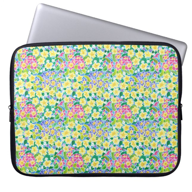 Roze Blauw Geel Primroses Neopreen Laptop Sleeve (Voorkant)