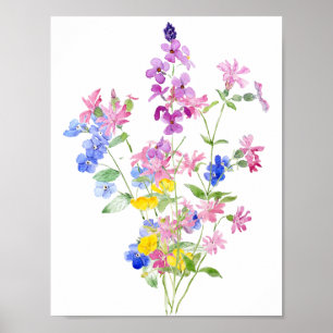 Roze Blauw Geel Wildbloem Boeket Poster