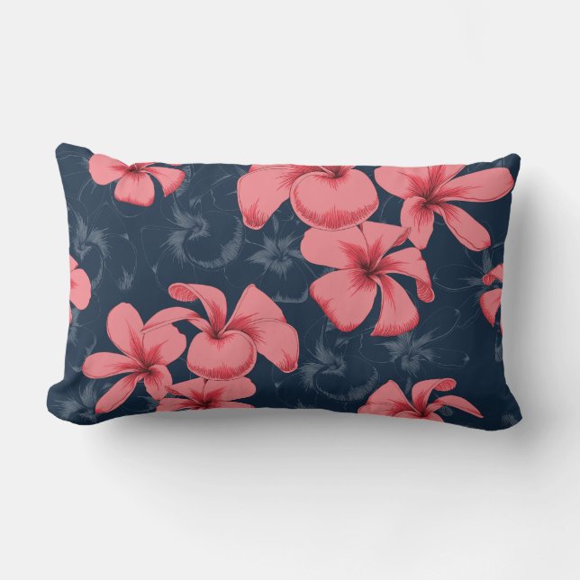 Roze Blauw geïllustreerd Kussen met Bloemen (Voorkant)
