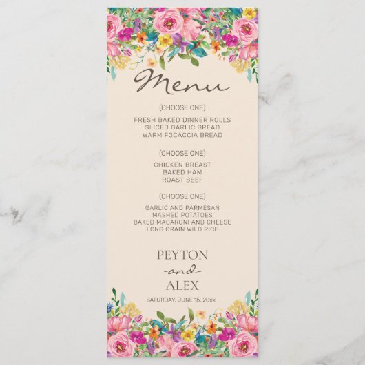 Roze Blauw Gele Aquarel Boho Wilde Bloemen Menu (Voorkant)