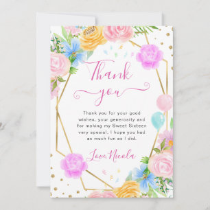Roze Blauw Gele Bloemen Gouden Lijst Sweet 16 Bedankkaart