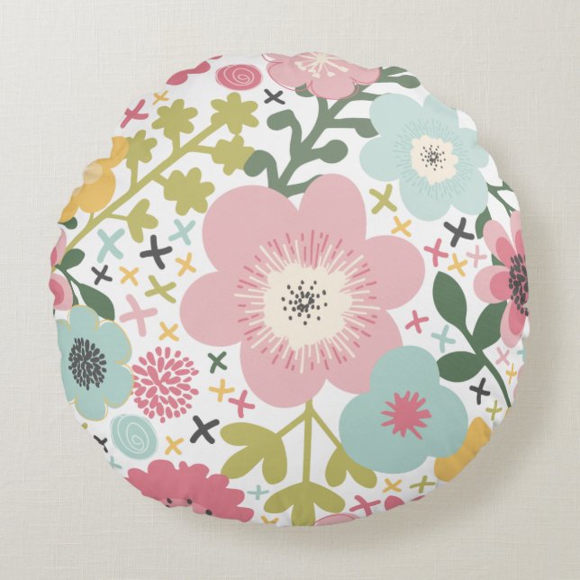 Roze Blauw Gele Bloemen Moderne Floral Rond Kussen (Voorkant)