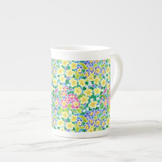  Roze, Blauw, Gele Primroses Bone China Mok (Voorkant rechts)