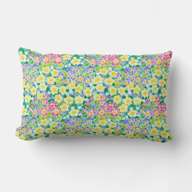  roze, blauw, gele primroses Lumbar Pillow Kussen (Voorkant)