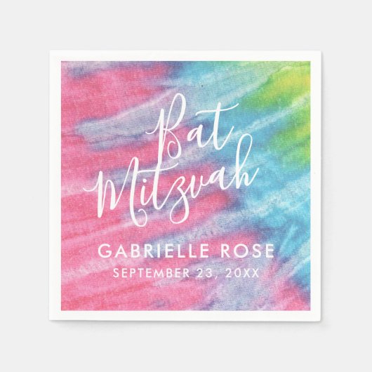 Roze Blauw Gepersonaliseerde Tie Dye Bat Mitzvah Servet (Voorkant)
