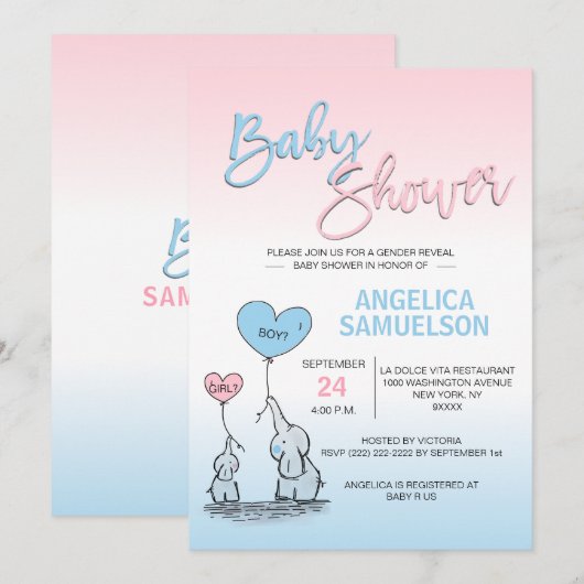 Roze Blauw Geslacht onthullen Elephant Baby shower Kaart (Voorkant / Achterkant)