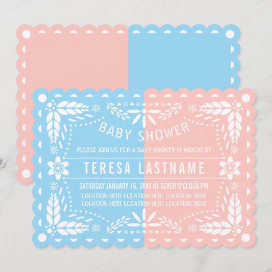 Roze, blauw geslacht onthullen papel picado baby s kaart (Voorkant / Achterkant)