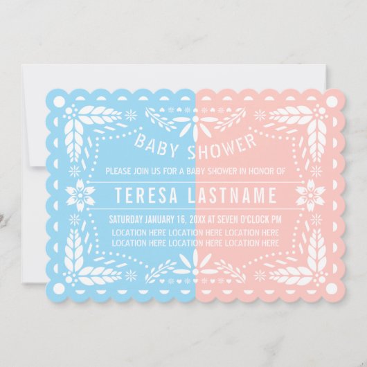 Roze, blauw geslacht onthullen papel picado baby s kaart (Voorkant)