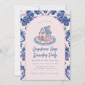 Roze & Blauw Gingerbread Huis Decorating Party Kaart (Voorkant)