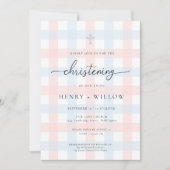 Roze Blauw Gingham Doopfeestje Kaart (Voorkant)