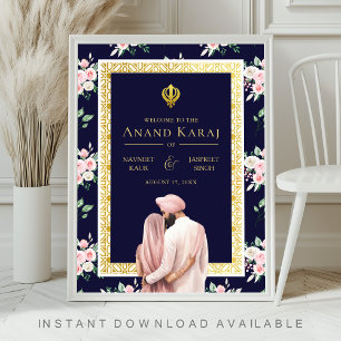 Roze Blauw Goud Anand Karaj Bruiloft Welkomstbord Poster