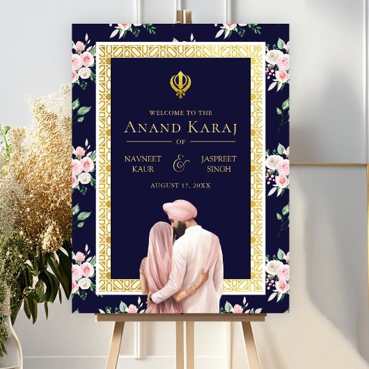 Roze Blauw Goud Anand Karaj Bruiloft Welkomstbord Poster
