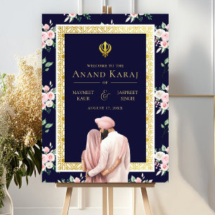 Roze Blauw Goud Anand Karaj Bruiloft Welkomstbord Poster