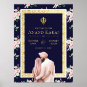 Roze Blauw Goud Anand Karaj Bruiloft Welkomstbord Poster (Voorkant)